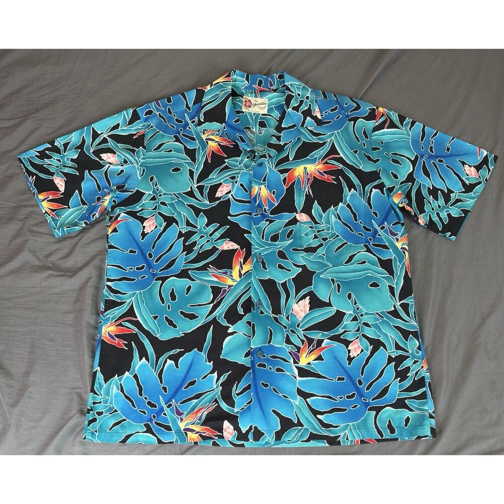 Vintage Hilo Hattie Mens M Hawaiian Aloha Shirt Blue Black Tropical Camp Collar